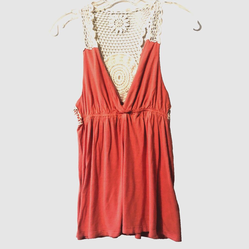 Forever 21 Lace Top Blouse Med Coral Cream V Neck Sleeveless Cottagecore Romance - Picture 2 of 6